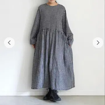 이치 울 거즈 체크 롱 원피스