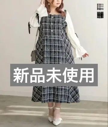 CLETTE 오리지널 소매 리본 체크 무늬 트위드 원피스 블랙