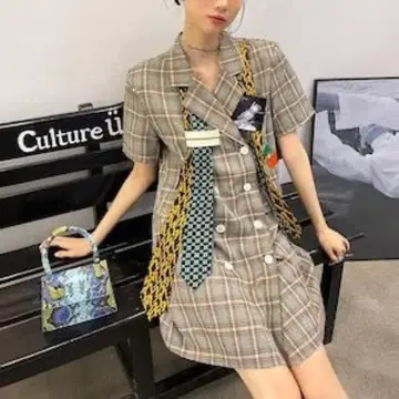 한국 그레이 체크 넥타이 포함 원피스