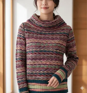 VINTAGE 개성있는 터틀넥 올 패턴 보더 니트 여성용