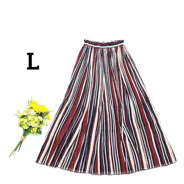 플리츠 스커트 L 레드 x 네이비 아름다운 실루엣 고급 스트라이프