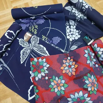 유카타 옷감 꽃무늬 나비 패턴 빨간색 묶음 4점
