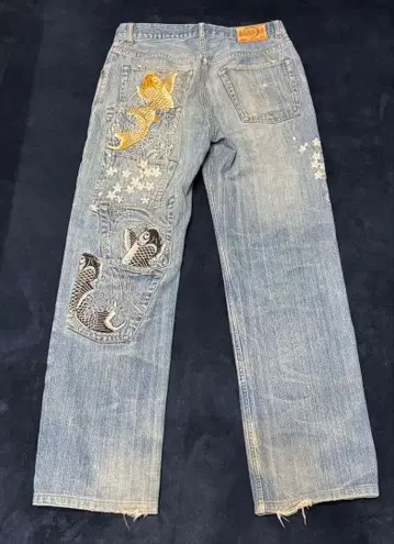 카라쿠리타마시 데님 메니 포켓 등반 잉어 자수 일본풍 패턴 W32