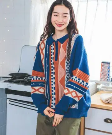 niko and - [ 새상품 ] 빈티지 패턴 옷깃 ZIP 니트 풀오버