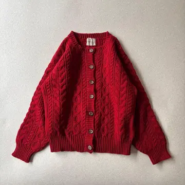 [ 새상품급 ] 레트로 울 100% 케이블 니트 가디건 빨간색