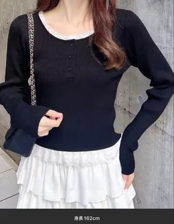 INGNI 12G 헨리넥 프릴 레이스 니트