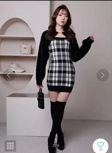 립 서비스 체크 자카드 앙상블 니트 원피스