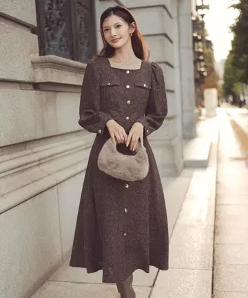 프로포션 바디 드레싱 프론트 버튼 트위드 원피스