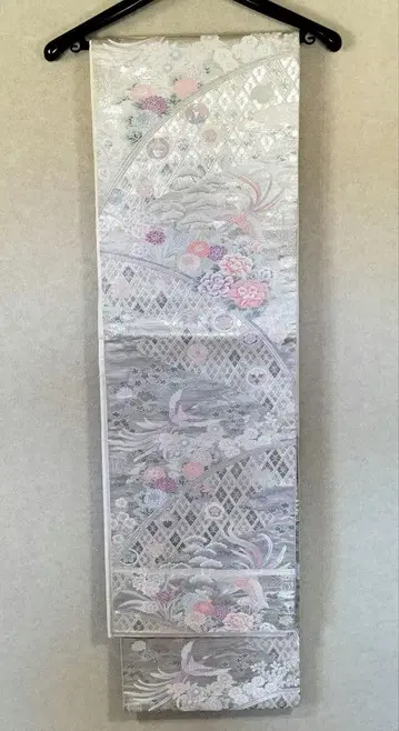 후쿠로 오비 실버 계열 꽃무늬 새 패턴 공작 동백