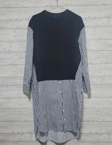 블랙과 화이트 스트라이프 긴팔 셔츠 원피스