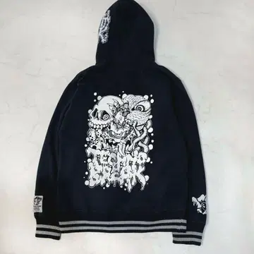 Y2K 해골 사이키델릭 흑백 후드티 속기모 블랙