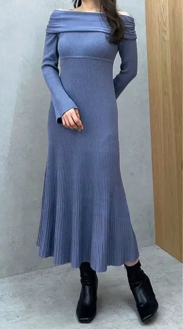 [ 블루 ] MERCURYDUO 오프숄더 머메이드 니트 원피스