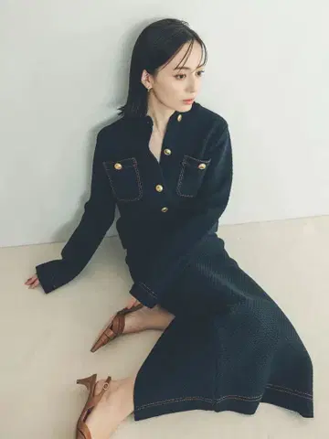 anuans 펜슬 니트 스커트 네이비