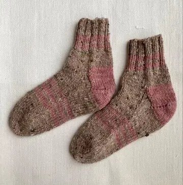 손뜨개질 양말 No.9 울 알파카 아란 트위드 베이지 x 핑크