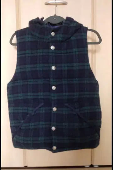 FAT 후드 부착 다운 베스트 네이비 그린 체크