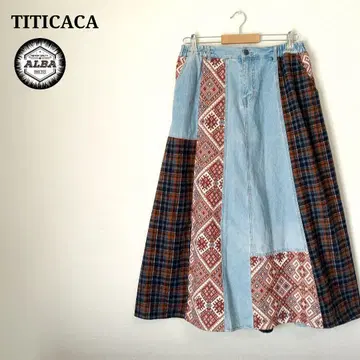 TITICACA 티티카카 스커트 데님 에스닉 패턴 체크 무늬 롱 기장