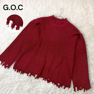 새상품급 GOC 데미지 쿨넥 니트 스웨터 오버 사이즈 빨간색