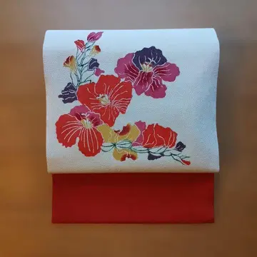 형염 크레이프 원단 나고야 오비 (화이트 주홍색 꽃)