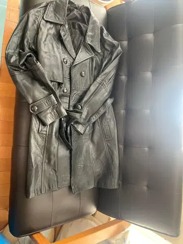 블랙 가죽 트렌치코트 벨트 포함