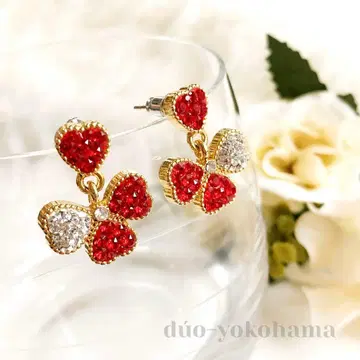 [ 재판매 ] 클로버 하트 귀걸이 핸드메이드 빨간색 레드 크리스탈