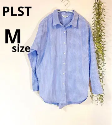 PLST 스트라이프 코튼 셔츠 워셔블 긴팔 블라우스 블루 M 사이즈