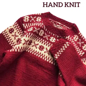 빈티지 핸드메이드 노르딕 무늬 스웨터 핸드 니트 레드