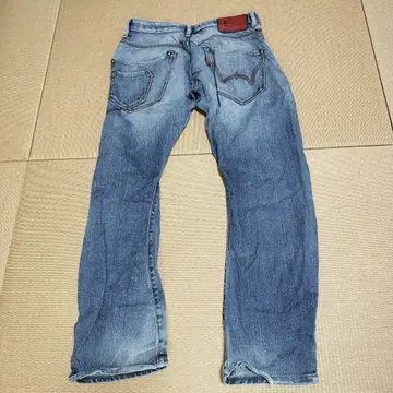 블루 데님 스트레이트 팬츠 데미지 가공