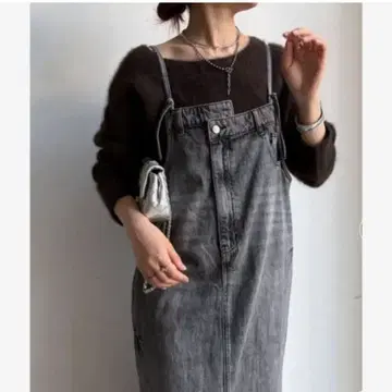 DouDou 밑단 프린지 데님 오버롤 스커트 그레이 오버롤 스커트