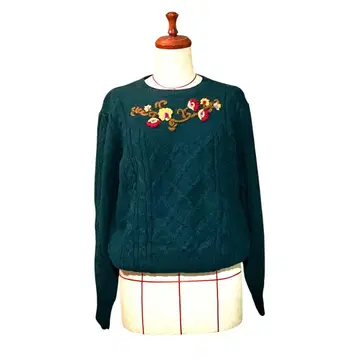 니트 스웨터 그린 울 꽃무늬 자수 뜨개질