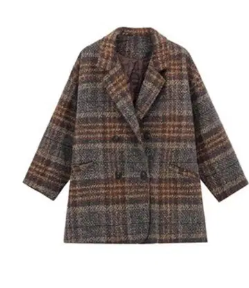 레트로 체크 무늬 코트 브라운