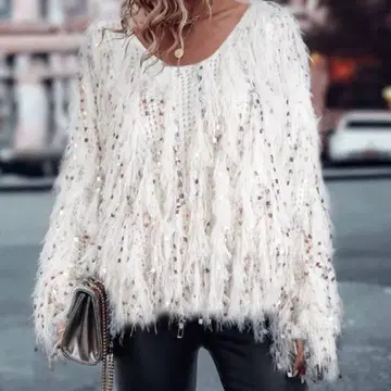 샤기 니트 스웨터 라메 화이트