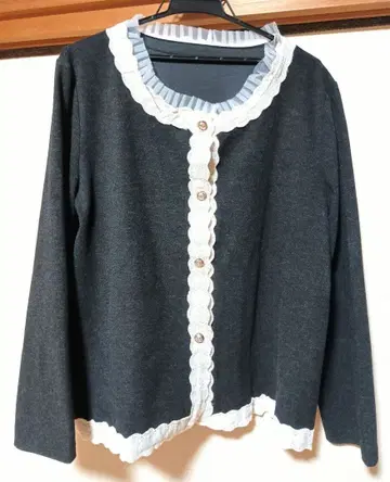 고급 다크 그레이 레이스 포함 긴팔 가디건 파티