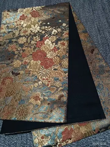 후쿠로 오비 육통 꽃 자동차 문양 금은사 순수 실크