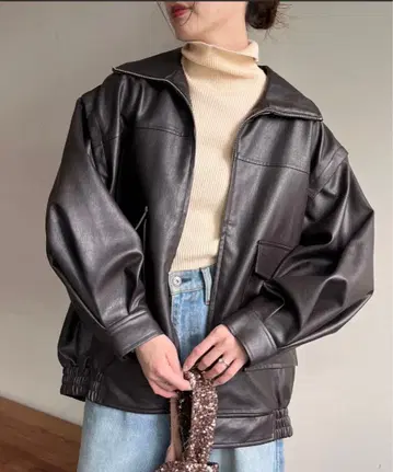 다크 브라운 오버 사이즈 합성 피혁 자켓