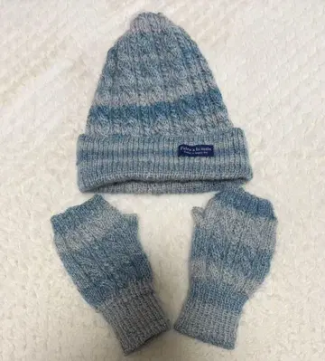 손뜨개 모자 블루 울에 라메 믹스 니트 모자와 핑거리스 장갑 세트