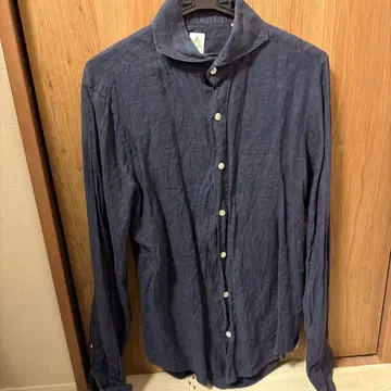 Finamore 다크 블루 린넨 긴팔 셔츠