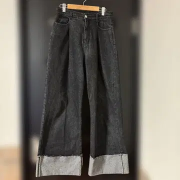 블랙 와이드 레그 데님 팬츠