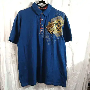 자수 잉어 파랑 반팔 피케 셔츠 LL 꽃 일본풍 패턴 어빌리티 번 금