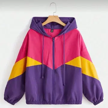컬러 블록 드로우 스트링 후드 부착 지퍼 업 자켓