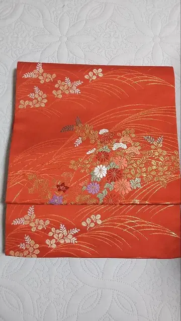 오렌지 컬러 나고야 오비 꽃무늬 금실 자수