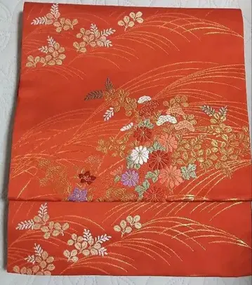 오렌지 컬러 나고야 오비 꽃무늬 금실 자수