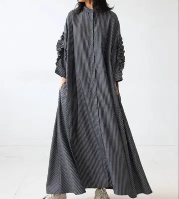 안티카 셔츠 원피스 7부 소매 프릴 소매 그레이 스트라이프