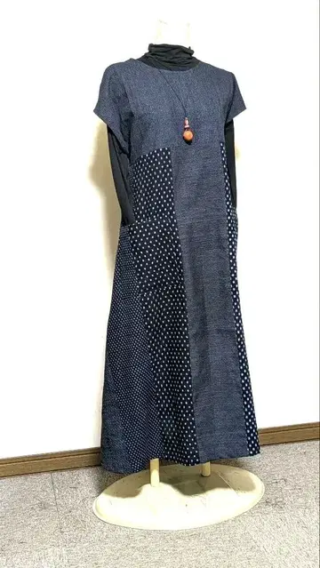 서생  빈티지 원단 네이비 나염 기모노 리메이크 롱 원피스