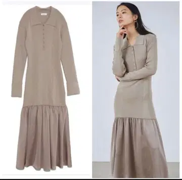 프레이 아이디 새틴 플레어 폴로 원피스 프레이 아이디 베이지 니트