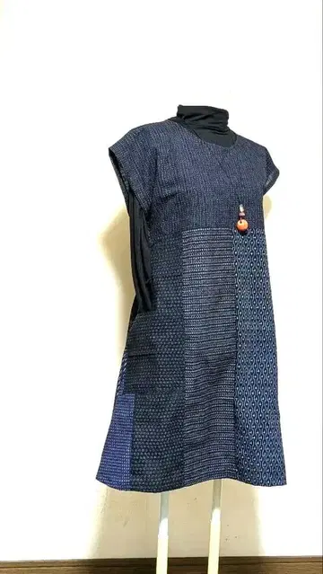 서생 빈티지 원단 네이비 나염 기모노 리메이크 튜닉 원피스 B 19