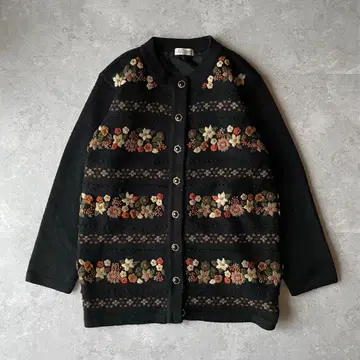 vintage 레트로 가디건 쇼와 꽃무늬 입체 니트 울 100