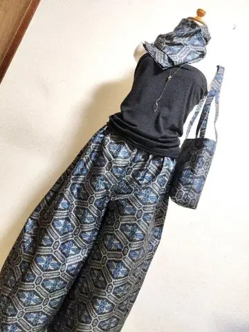 1841 기모노 리메이크 오시마 명주 가우초 팬츠 & 숄더 백 + 스톨