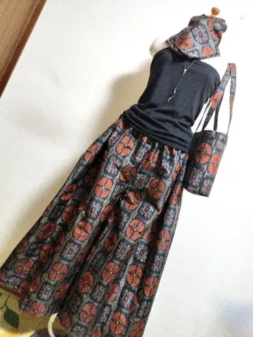 1840 기모노 리메이크 오시마 명주 가우초 팬츠 & 숄더백 + 스톨