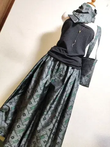 1842 기모노 리메이크 오시마 명주 가우초 팬츠 & 숄더 백 + 스톨