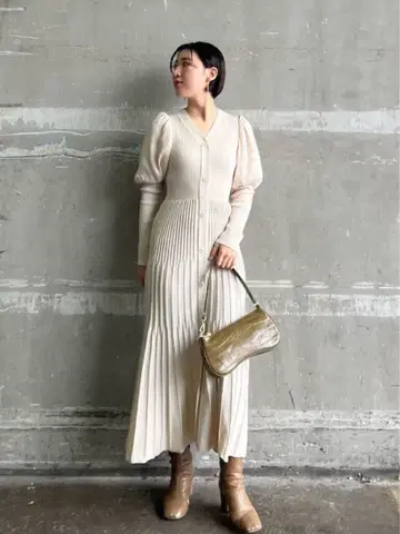 LAGUNAMOON 플리츠 니트 콤비 원피스 퍼프 슬리브